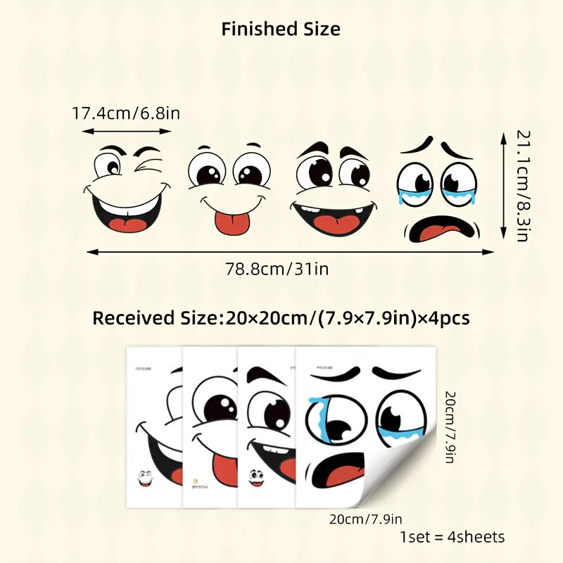 4pcs Cartoon Face Stickers, Self-Adhesive, Suitable for Plastic Surfaces, Removable, Ideal for Home Decor, Can Be Used on Trash Cans, Walls, Toilets, Refrigerators, Glossy Surfaces, Fun Themed Decorations That Cover Ugly Wall